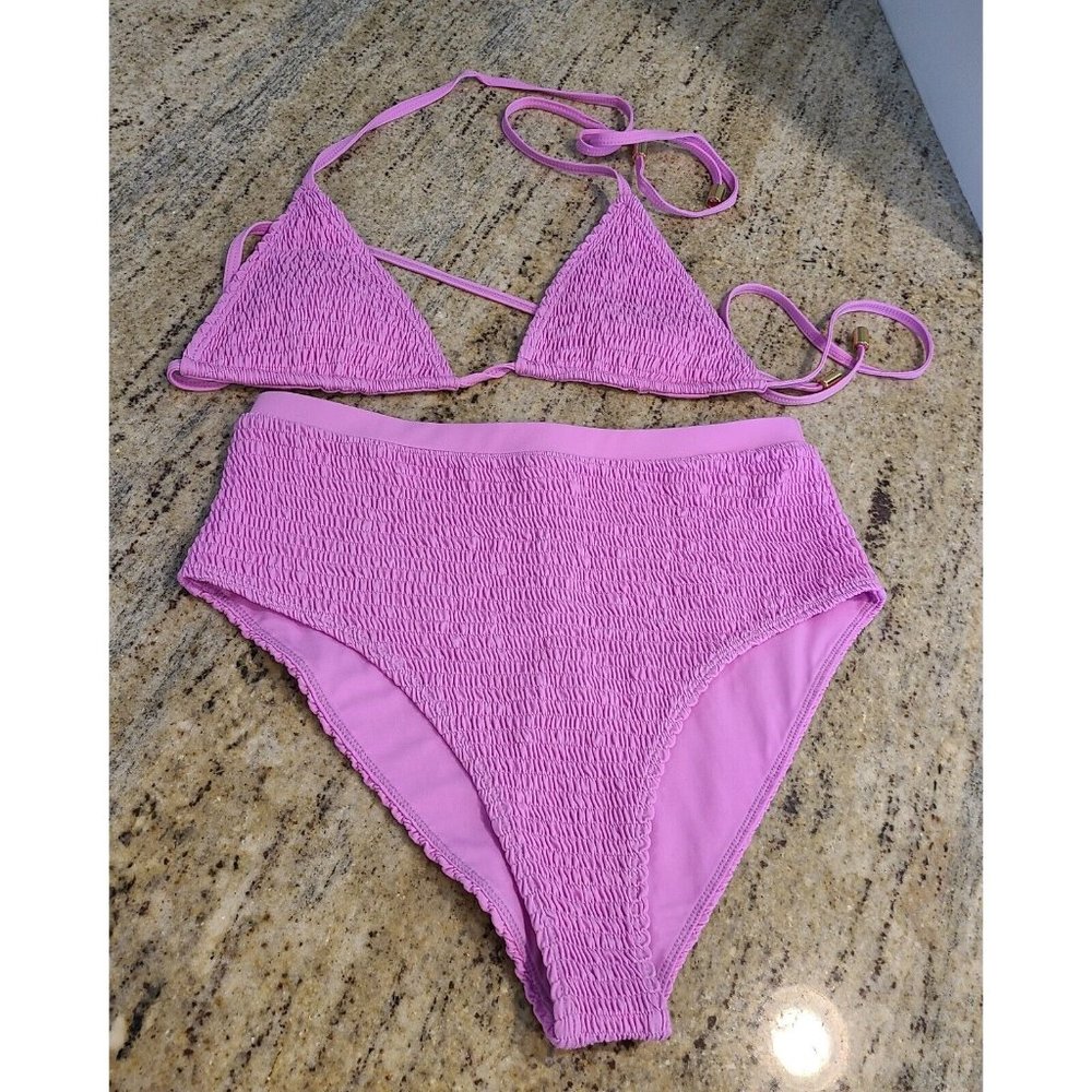 Sago Swimwear Pink Smocked Bikini Size M. Gold Tone Tie Ends Bling